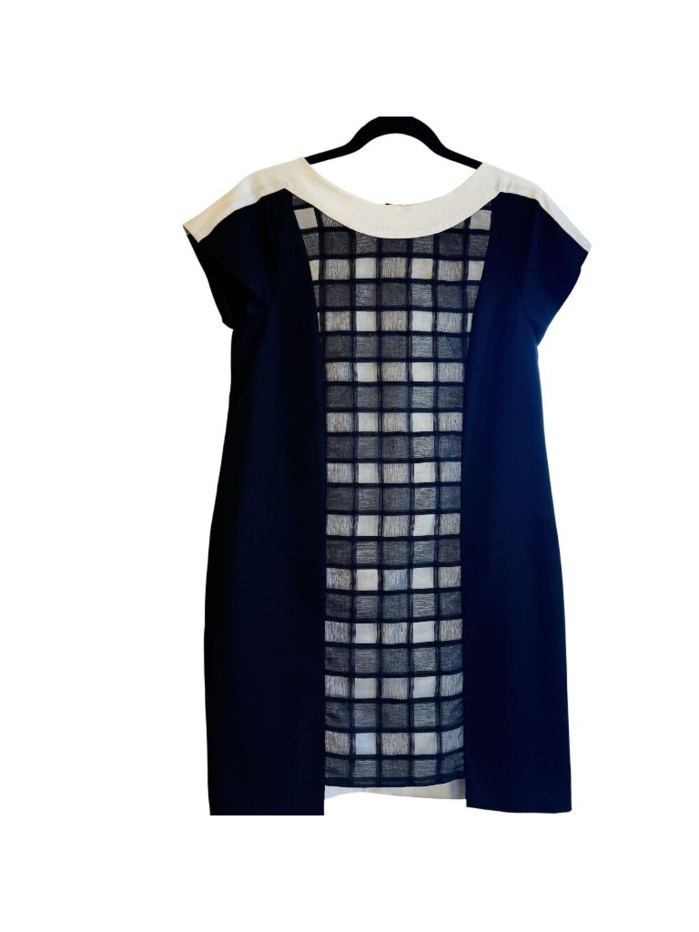 Chinese Silk Colorblock Geometric Shift Dress Mesh Panel Black/White Modern Styl